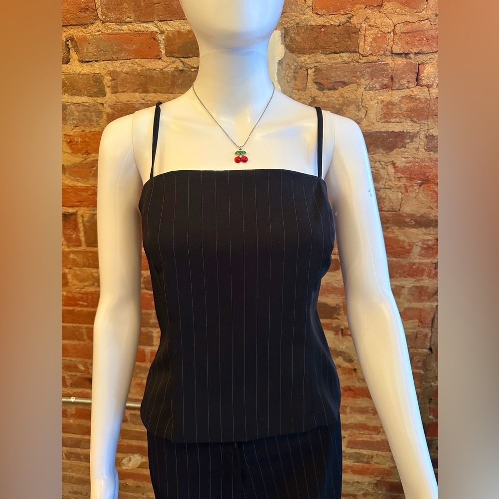 Y2K Studio Y Black Pinstripe 3 Piece Sleeveless Pantsuit - Picture 3 of 15